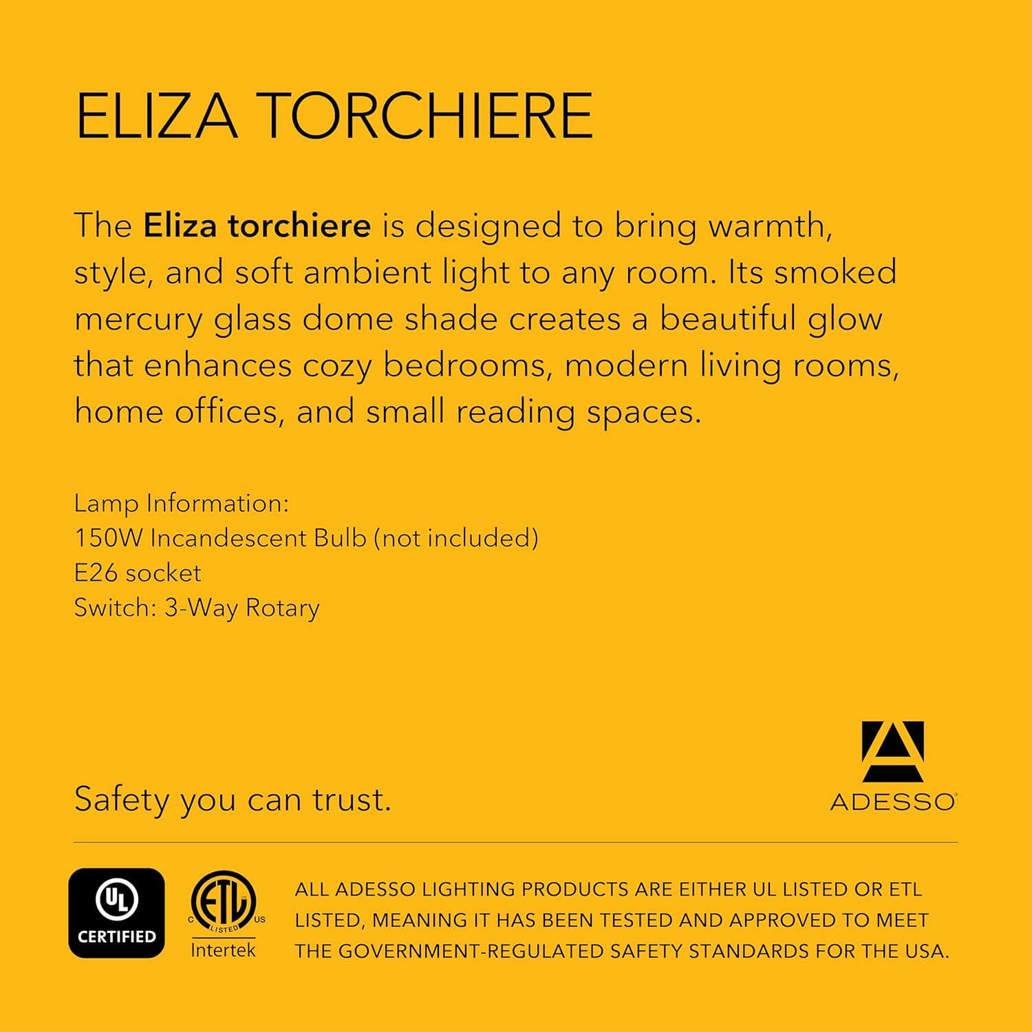 Adesso Black Torchiere Floor Lamp with Smoked Glass Dome Shade – 3-Way Adjustable Ambient Accent Lighting for Bedroom, Living Room or Home Office, 69.5” Tall