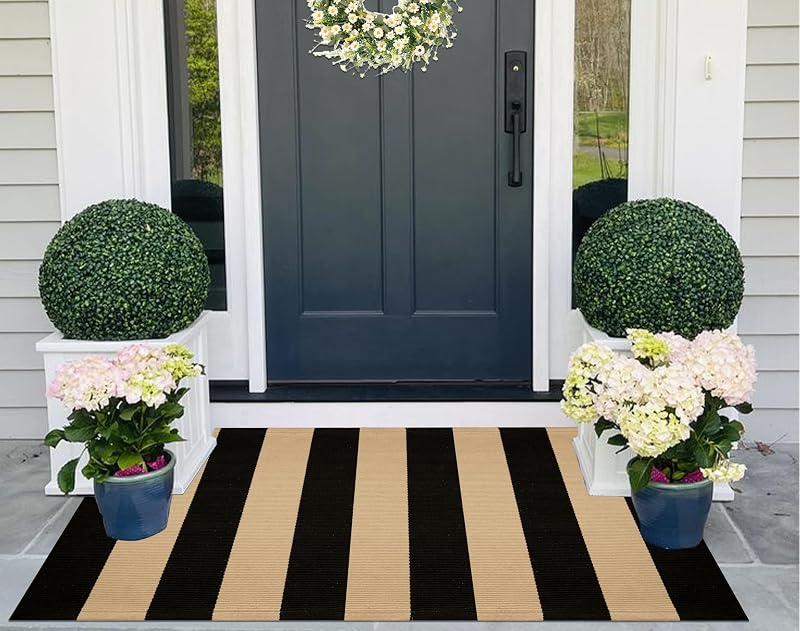 Striped Layering Rug 27.5"x43",Black and Tan Farmhouse Front Porch Mat | Machine Washable Hand Woven Cotton Layered Doormat for Porch Decor, Home Entrance