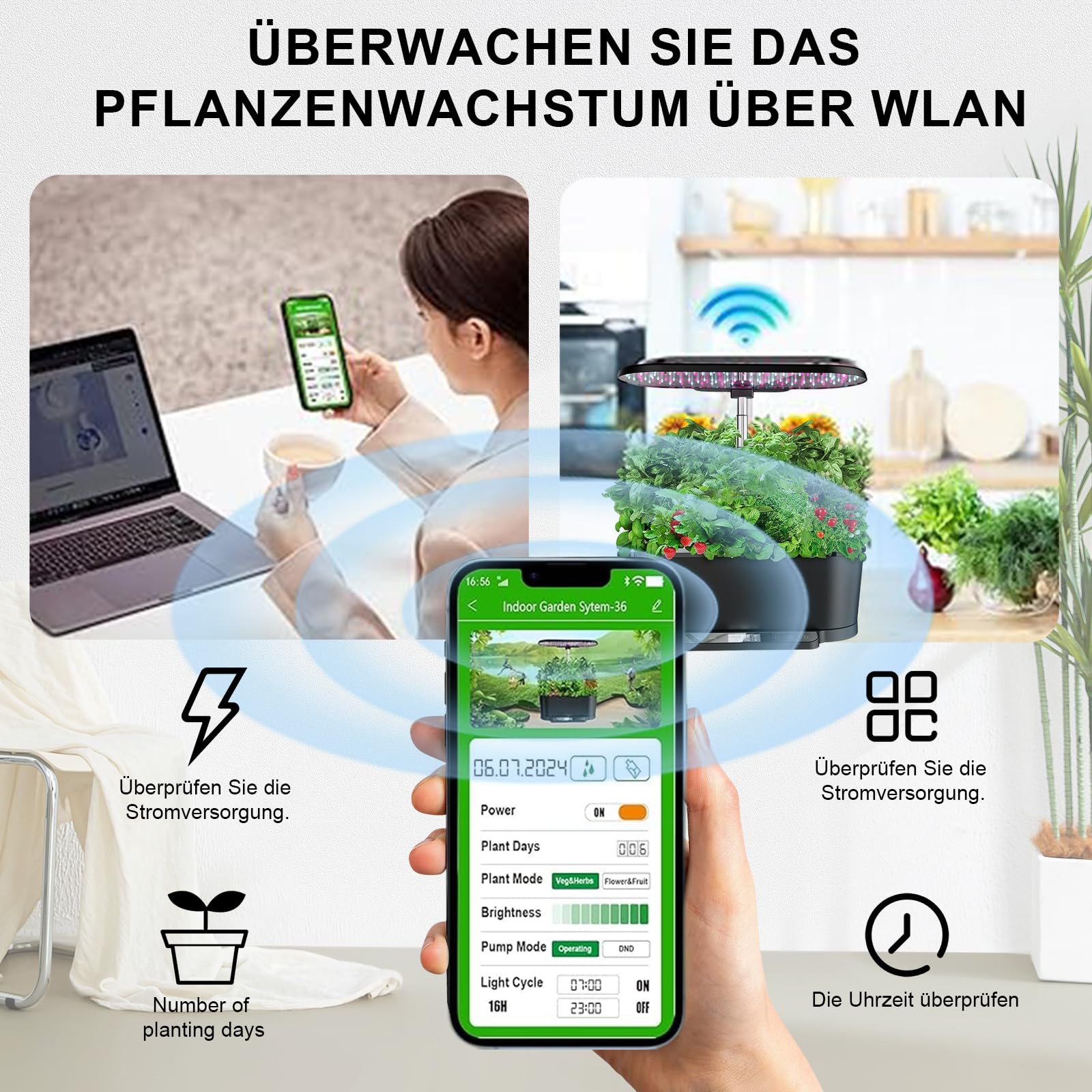 Système de culture hydroponique WiFi, 15 douilles, Smart Herb Garden Kit pour intérieur, jardin intérieur avec lumière de croissance LED 36 W, réservoir d'eau 5,5 l, système de pompage