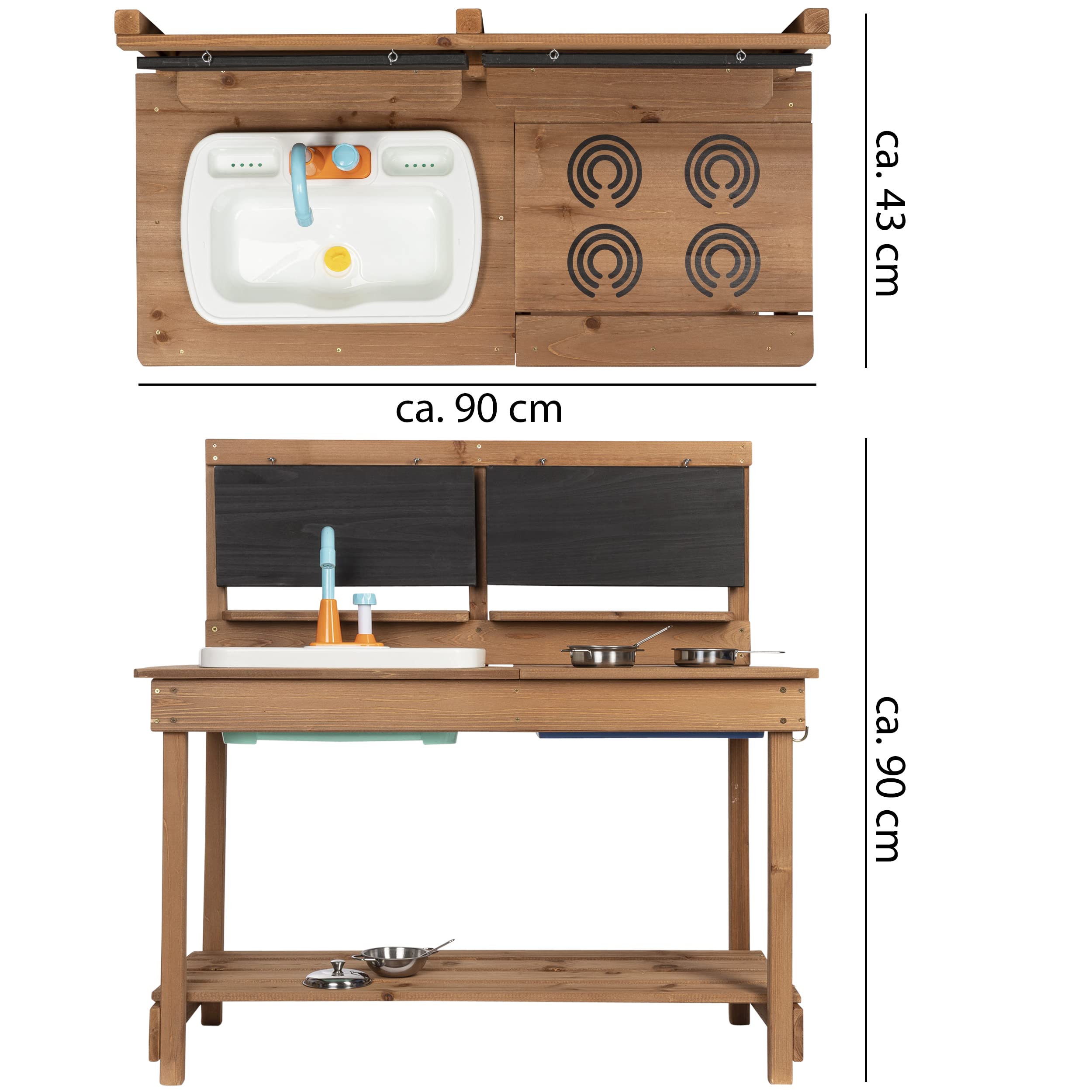 ONVAYA® Matschküche aus Holz | Braun | Outdoor Spielküche mit Waschbecken und schwarzer Tafel | Inklusive Stauraum in der Kinderküche für Draußen