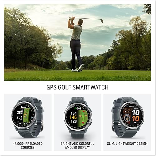 Miniatura 2 de Garmin Approach® S44, reloj inteligente GPS esencial para golf, pantalla AMOLED, funciones en el campo, bisel de aluminio plateado con correa de