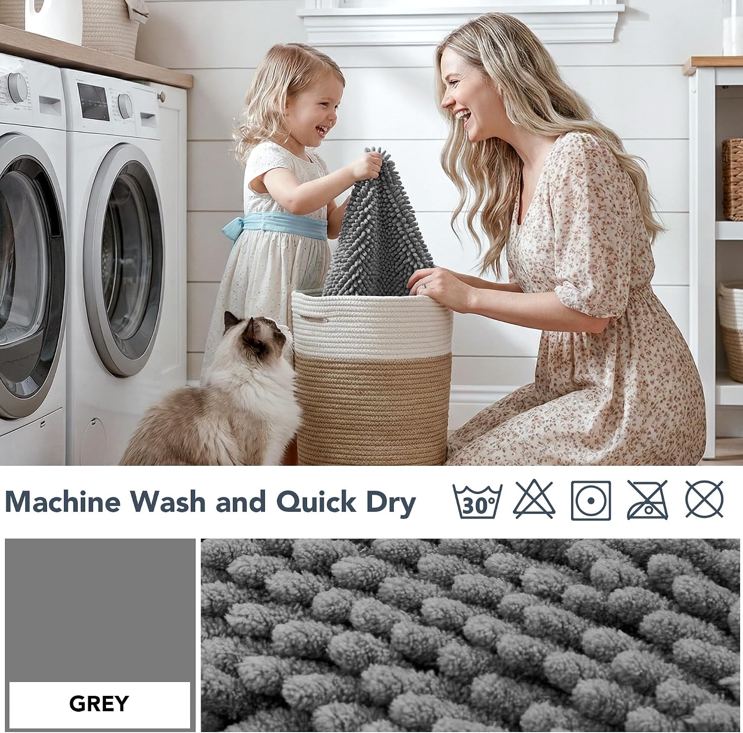 Deconovo Large Dog Door Mat for Muddy Paws 32x20 Inch, Absorbent Chenille Crate Pad, Non Slip TPR Backing, Machine Washable Pet Bed Mat for Entryway and Kennel, Gray