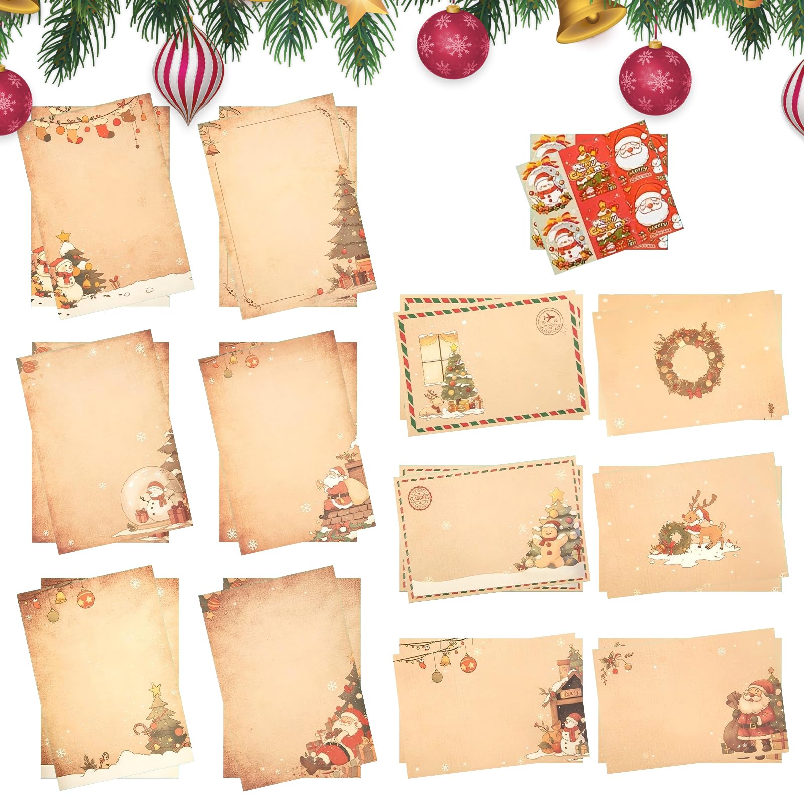 120 Pcs Christmas Writing Papers and Envelopes Set Xmas Vintage Stationery Paper Stationery Paper Letter with Envelopes, 60 Sheets Xmas Holiday Paper+30 Kraft Festive Fun Envelopes+30 Stickers