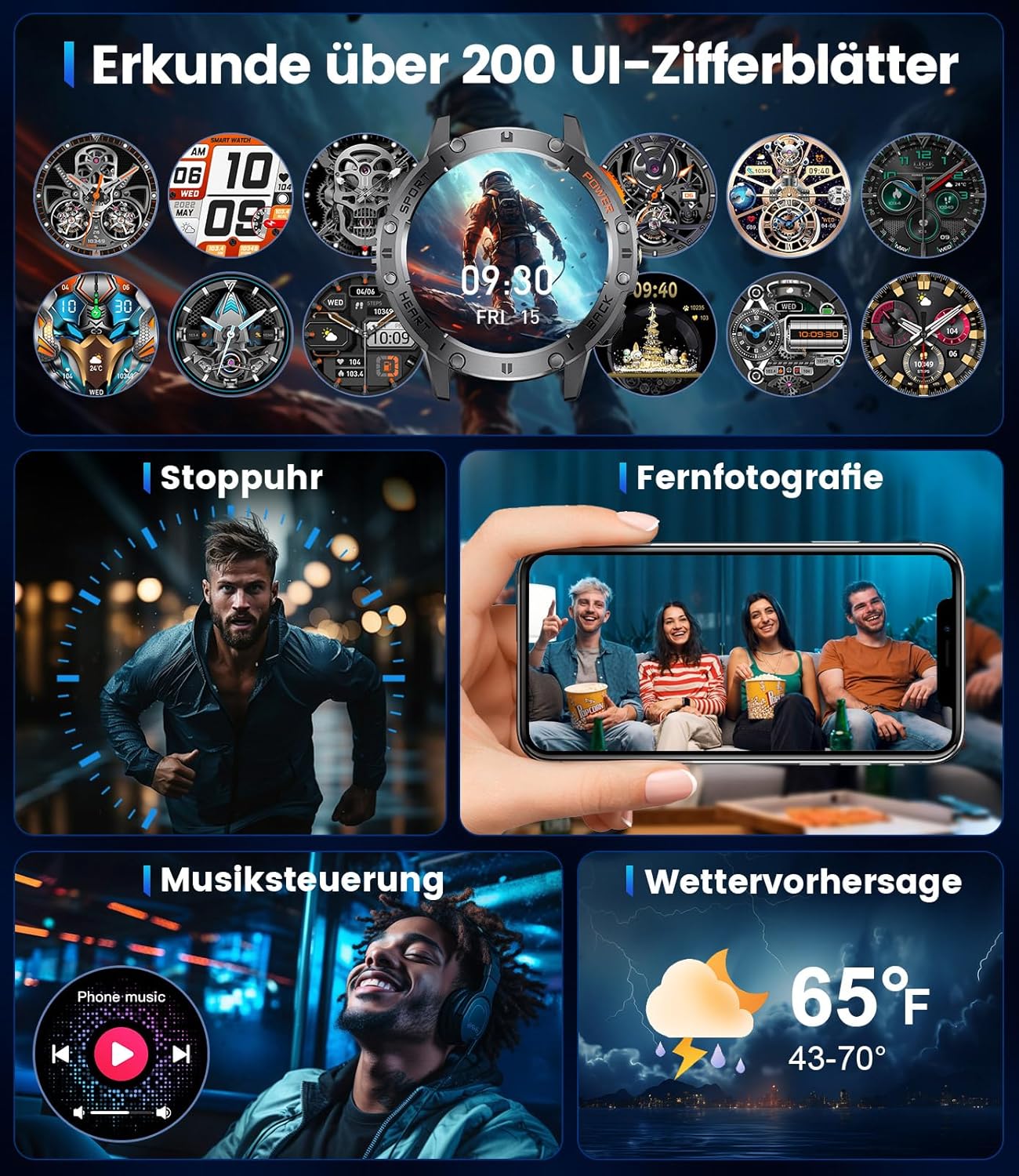 Collage of smartwatch features including various watch faces, stopwatch, remote photography, music control, and weather forecast.