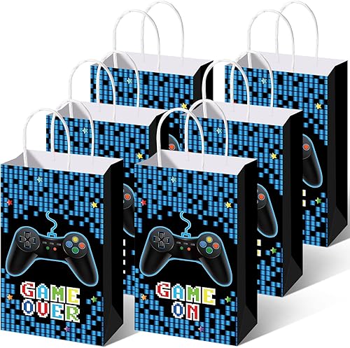 Faccito 24 bolsas de regalo de fiesta de videojuegos, bolsas de dulces de cumpleaños, bolsas de golosinas, decoraciones de fiesta azules con asas