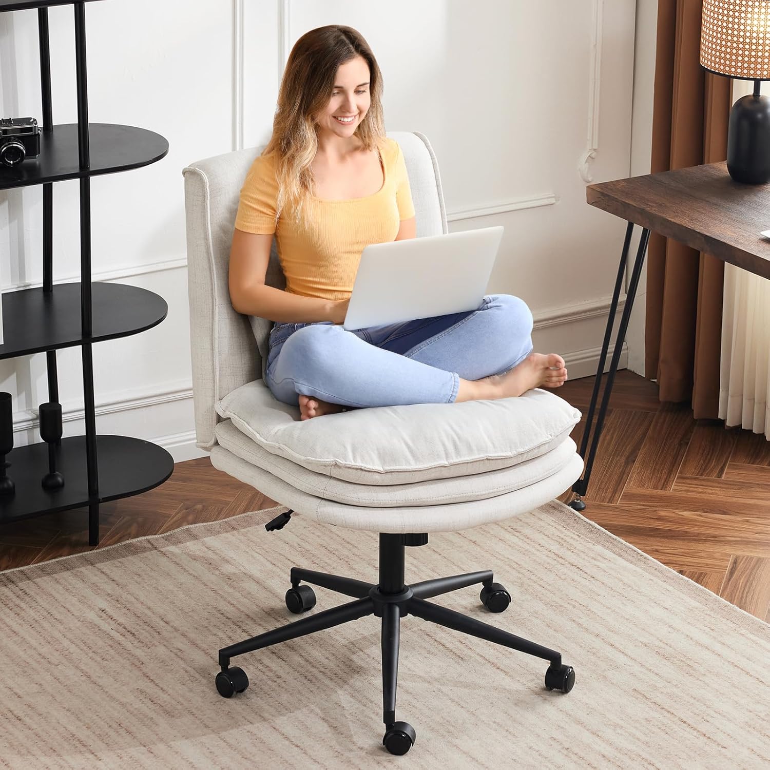 Product image of VINGLI Cloud Criss Cross Legged Chair,18" High Back Armless Home Office Desk Chair with Wheels,Wide Adjustable Comfy Padded Seat Task Computer Chair,Modern Swivel Makeup Vanity Chair,Fabric,Beige