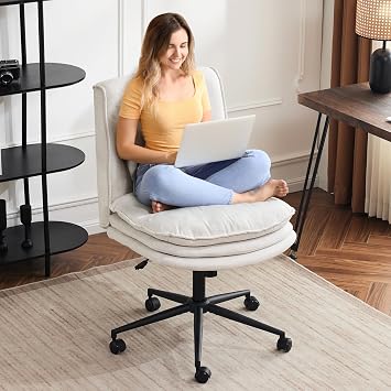 VINGLI Cloud Criss Cross Legged Chair,18 High Back Armless Home Office Desk Chair with Wheels,Wide Adjustable Comfy Padded Seat Task Computer Chair,Modern Swivel Makeup Vanity Chair,Fabric,Beige
