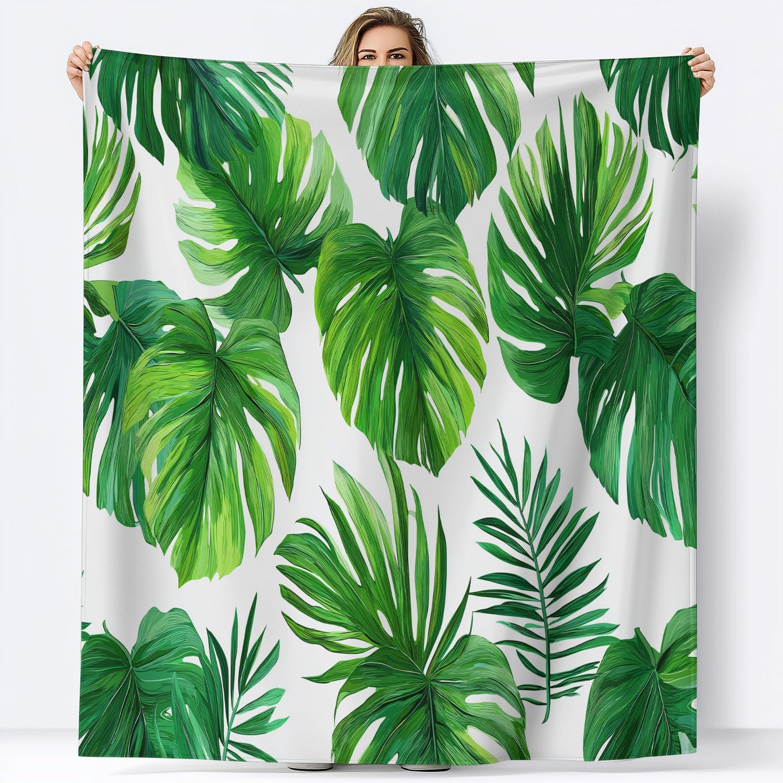 Koc Sherpa 150 x 200 cm liście palmowe z motywem natury pled ciepły i wygodny, puszysty i miękki koc zielony, dwustronny, przyjazny alergikom, na krzesło sofa łóżko biurowe