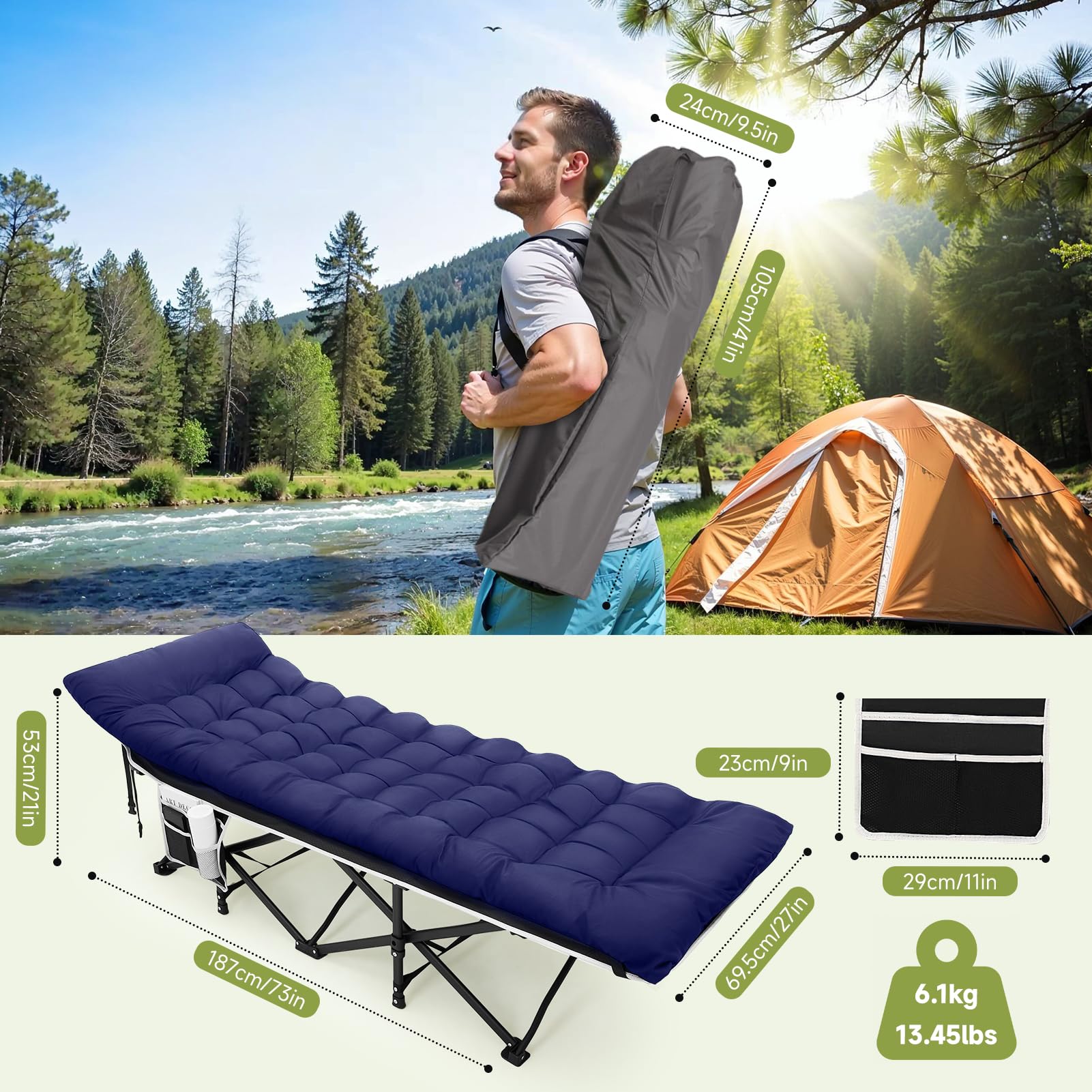 Warmiehomy Letto da campeggio con materasso, lettino da campo con cuscino per adulti, extra largo, pieghevole, XXL, pieghevole, con tasca laterale, portatile, pieghevole, per esterni, colore: blu