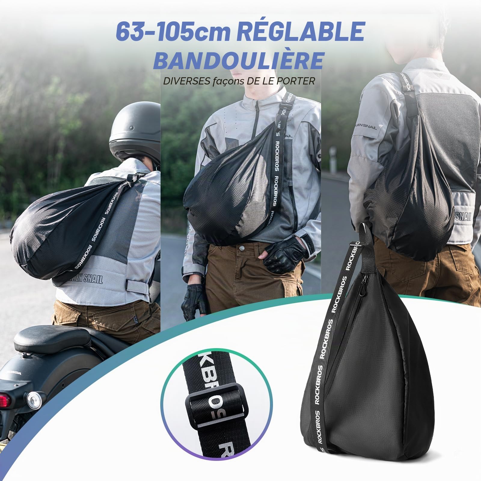 ROCKBROS Sac de Casque de Moto 15L Sac à Bandoulière Portable Sangle Épaule Réglable 63-105cm Porte Casque Crochet Poche Filet Intégré Logo Réfléchissant pour Casque de Moto Vélo Basketball Noir | Sac à dos de casque 15 l réfléchissant portable pour casqu