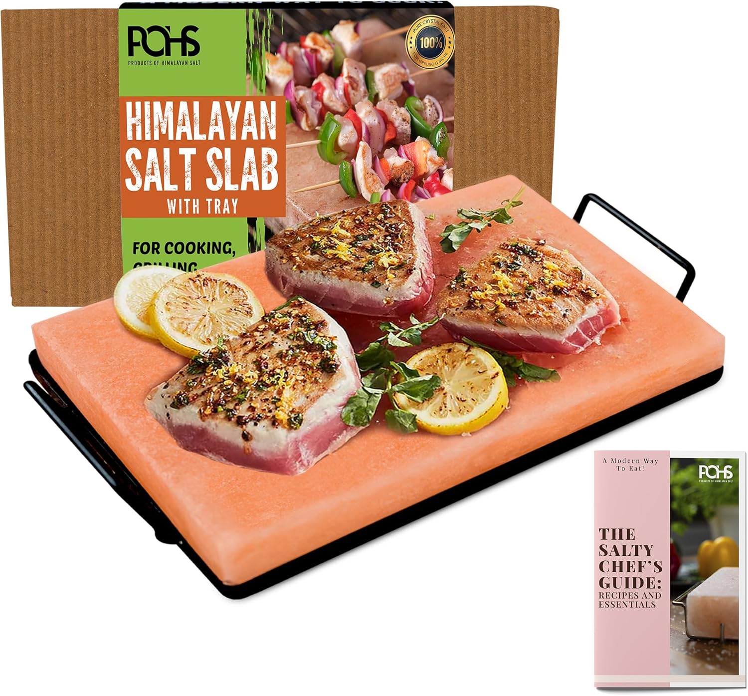 Himalayan Salt Block Cooking Plate 12x8x1.5 for Cooking, Grilling, Cutting and Serving, with Metal Tray & Recipe Booklet Unique Gifts for Men, Women, Chefs & Cooks