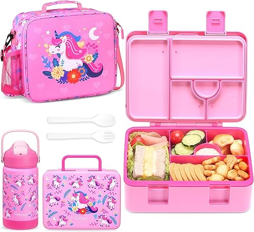 rockpapa Lonchera Bento de 5 compartimentos para niños con utensilios y botella de agua aislada y bolsa de almuerzo con correa, sin BPA, juego de