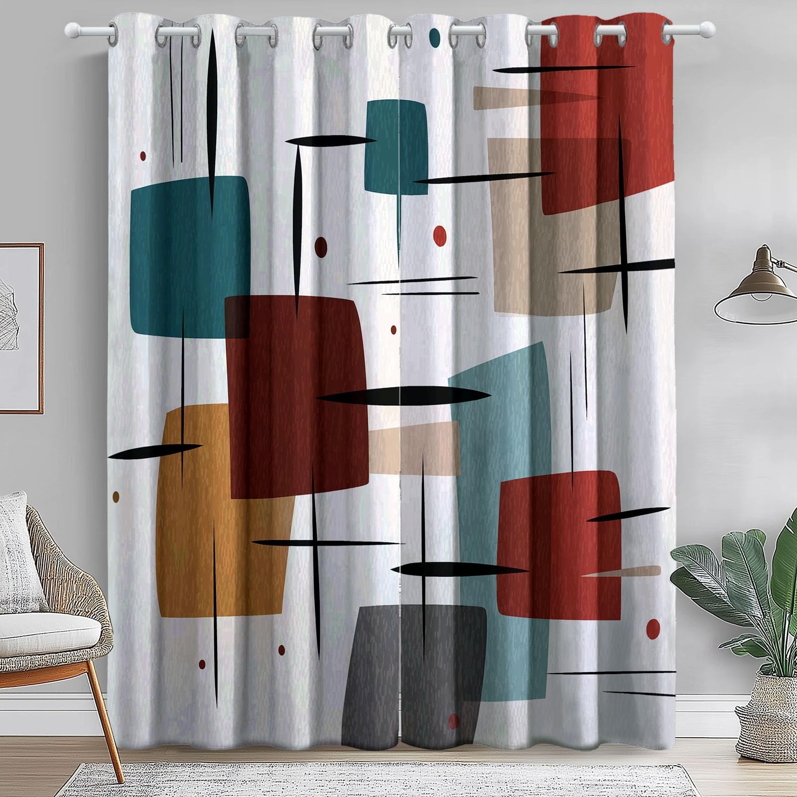 Rideau Occultant Thermiques Anti Froid, Abstrait Géométrique Moderne Carrés Coloré Rideaux à Oeillets Isolant Anti-Bruit pour Chambre et Salon Chambre Enfant, 140L X 250H cm (2 Panneaux)