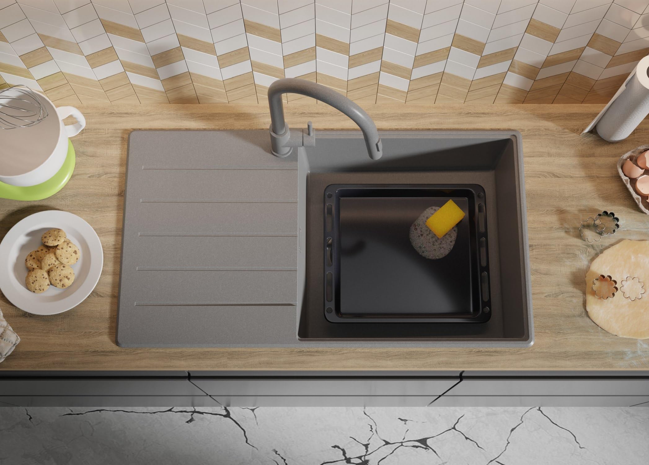 PRIMAGRAN Evier Cuisine en Granit au Meuble 60cm + Kit de Vidage, 90x50cm