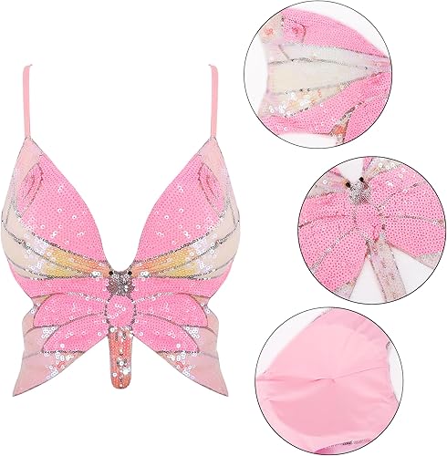 Miniatura 4 de Camiseta corta sexy con lentejuelas en forma de mariposa para mujer, con cordones, camiseta sin mangas para danza del vientre