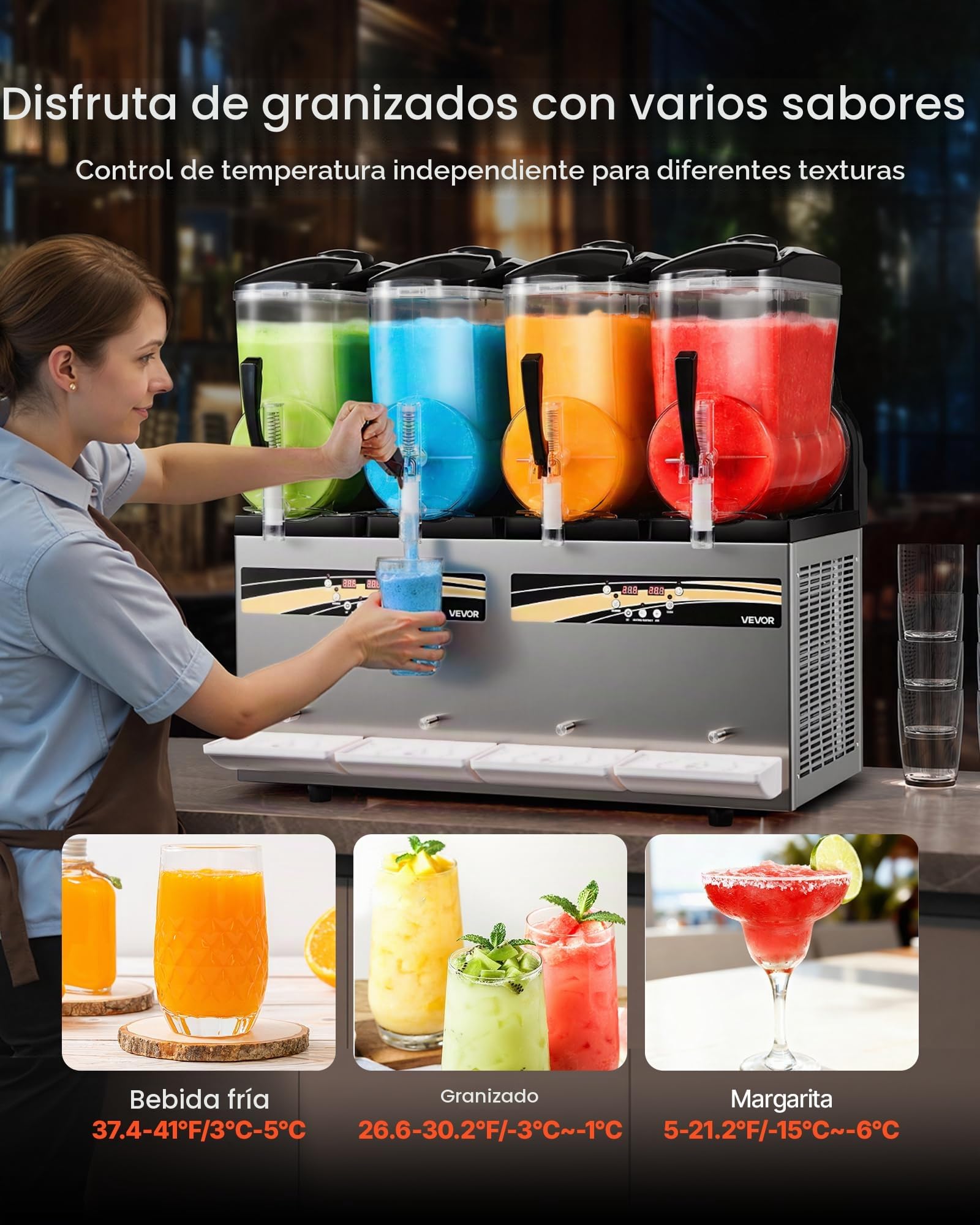 VEVOR Máquina para Hacer Granizados con 4 Tanques de 12 L, Máquina de Granizado Comercial para Margaritas, Batidos, sin Necesidad de Hielo, con Autolimpieza, para Restaurantes, Bares, Fiestas