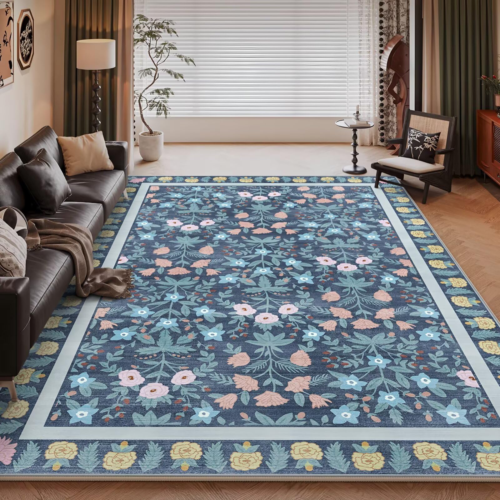 Alfombra floral azul de 100x200cm ideal para decorar cocinas modernas y zonas de paso