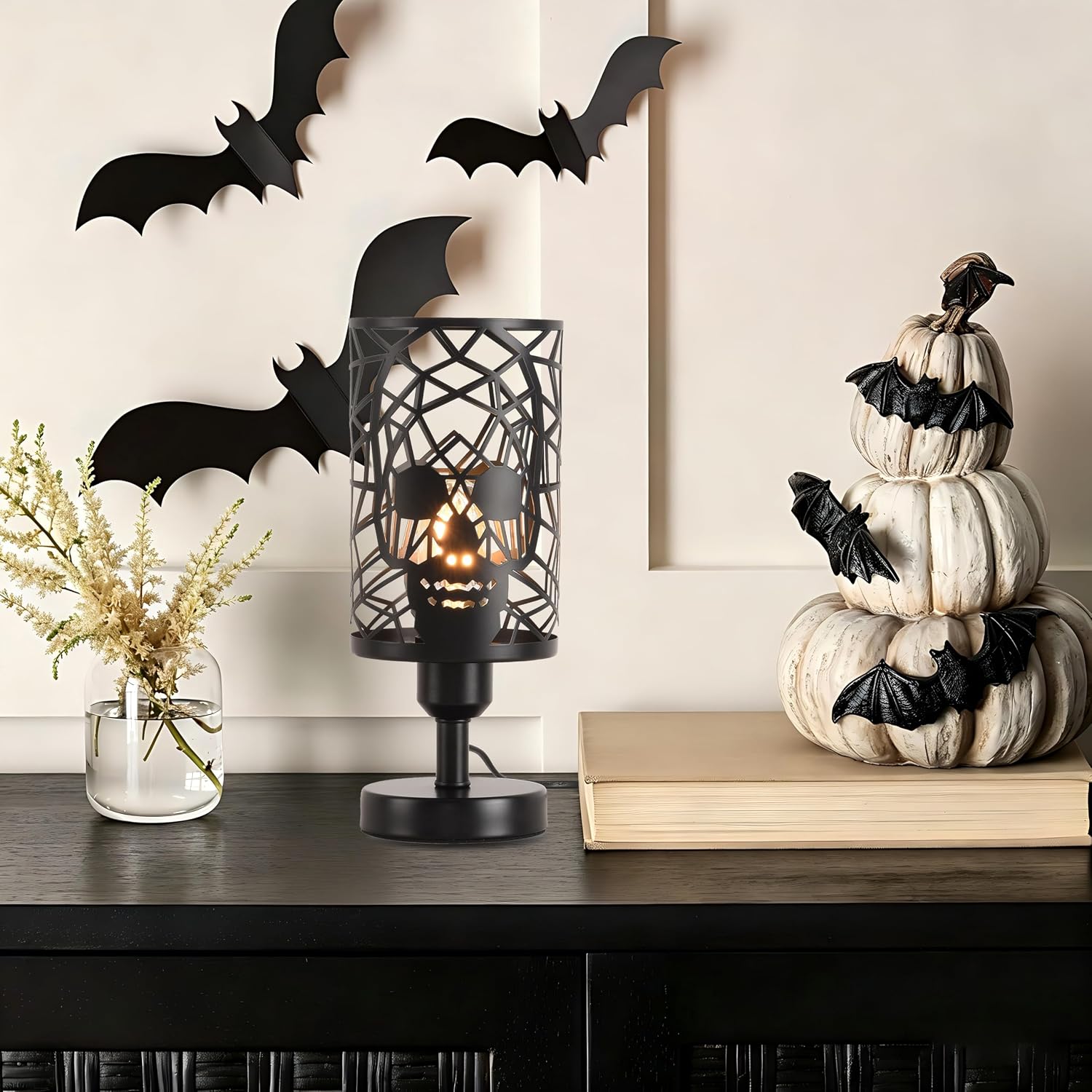 Skull Table Lamp for Bedroom Set of 2, Black Industrial Nightstand Lamp with Plug-in Switch, E26 Goth Desk Lamp with Round Skull Metal Cage Lampshades for Living Room, Festive