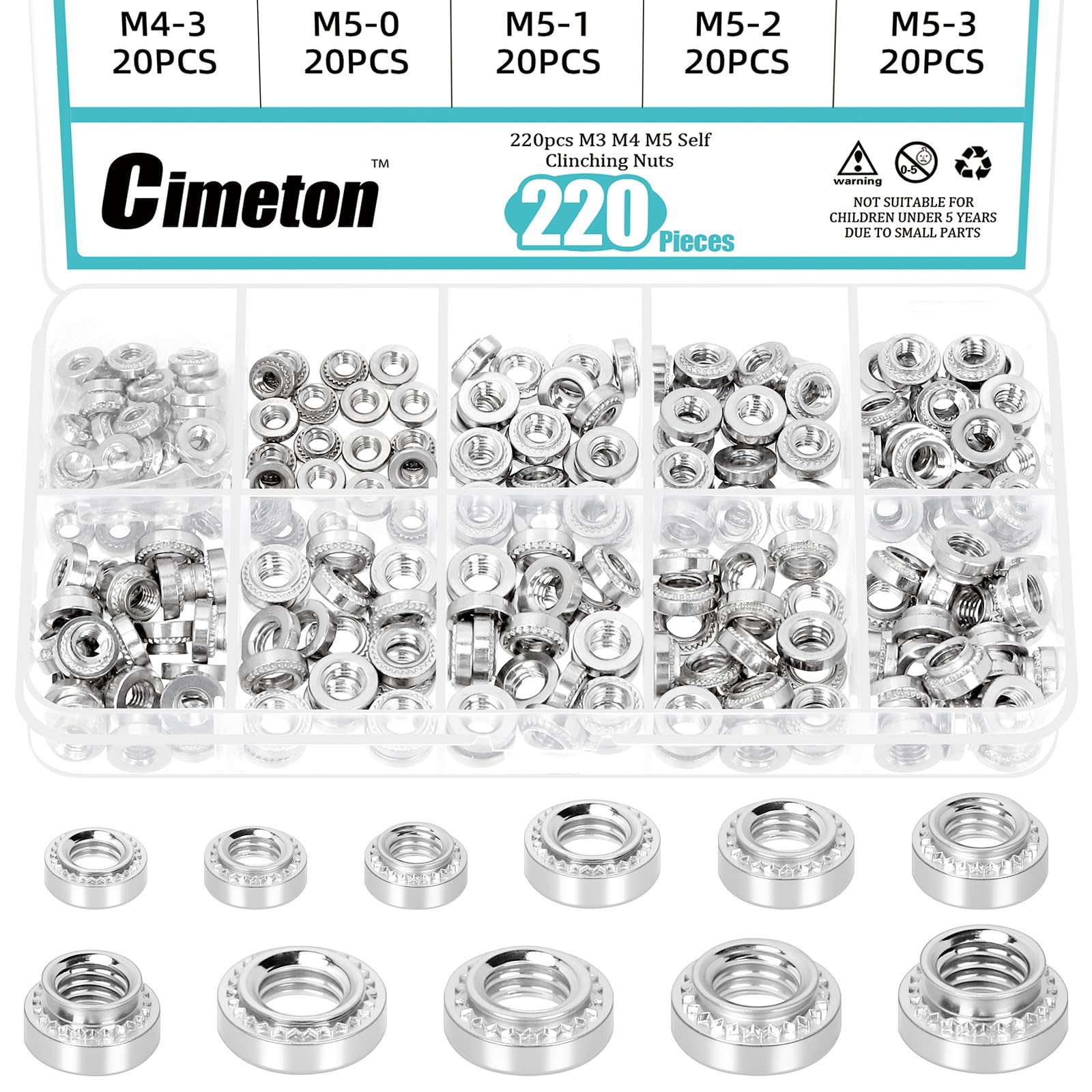 Cimeton 220PCS Self Clinching Nuts M3 M4 M5 304 Stainless Steel Rivet Nut Fastener Knurled Self Clinching Nut Fastener for Machinery Electrical Products
