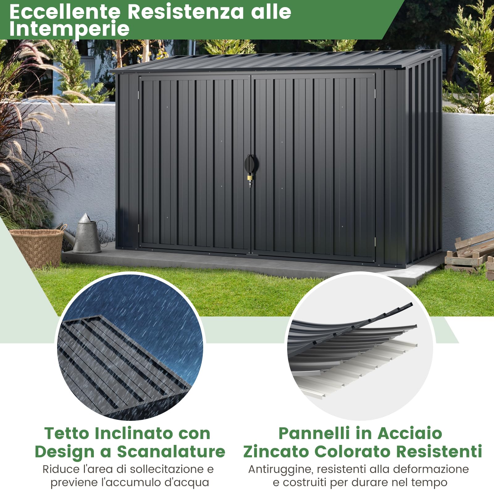 COSTWAY Copribidone Spazzatura Esterno Doppio, Casetta Porta Attrezzi da Giardino in Metallo Zincato con Porta Bloccabile, Tetto Apribile e Struttura a Scatto