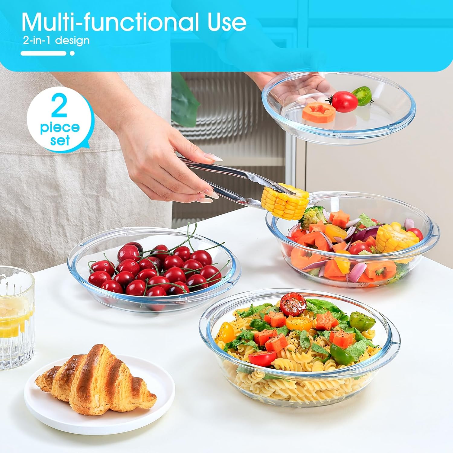 2-Piece Glass Casserole Dish With Lid set of 2, 1 Liter Round Oven Safe Glass Bakeware with Handles, Microwave Oven Safe Glass Bowl with Lid