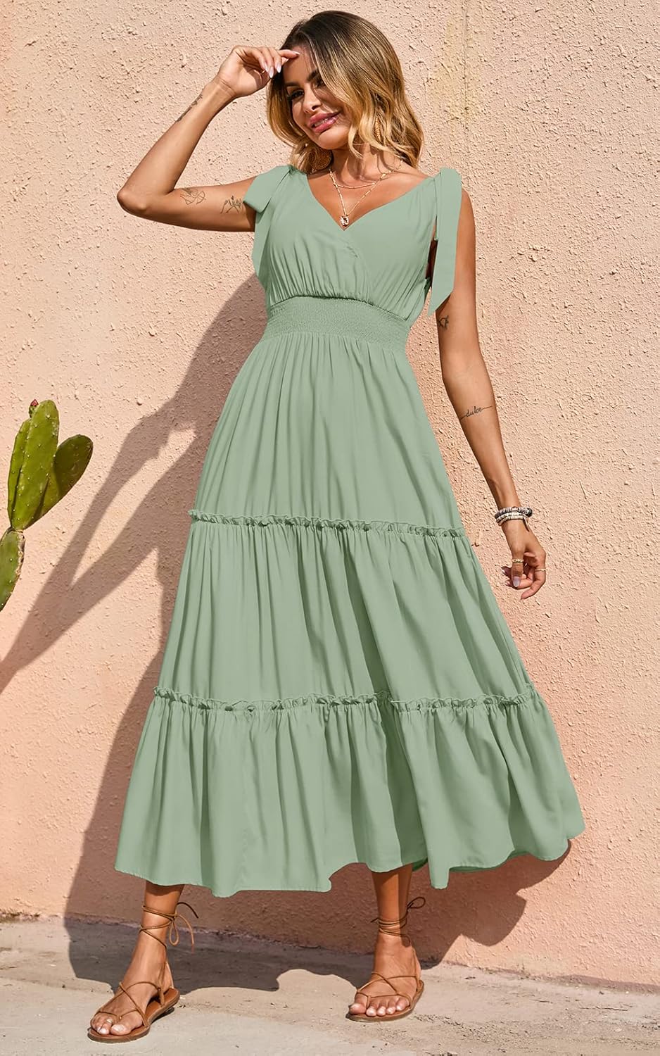 PRETTYGARDEN Women's Cross Neck Spring Sleeveless Tiered Maxi Dress Beach Tie Strap Smocked Long Dresses Pleated Sundress - Image 4