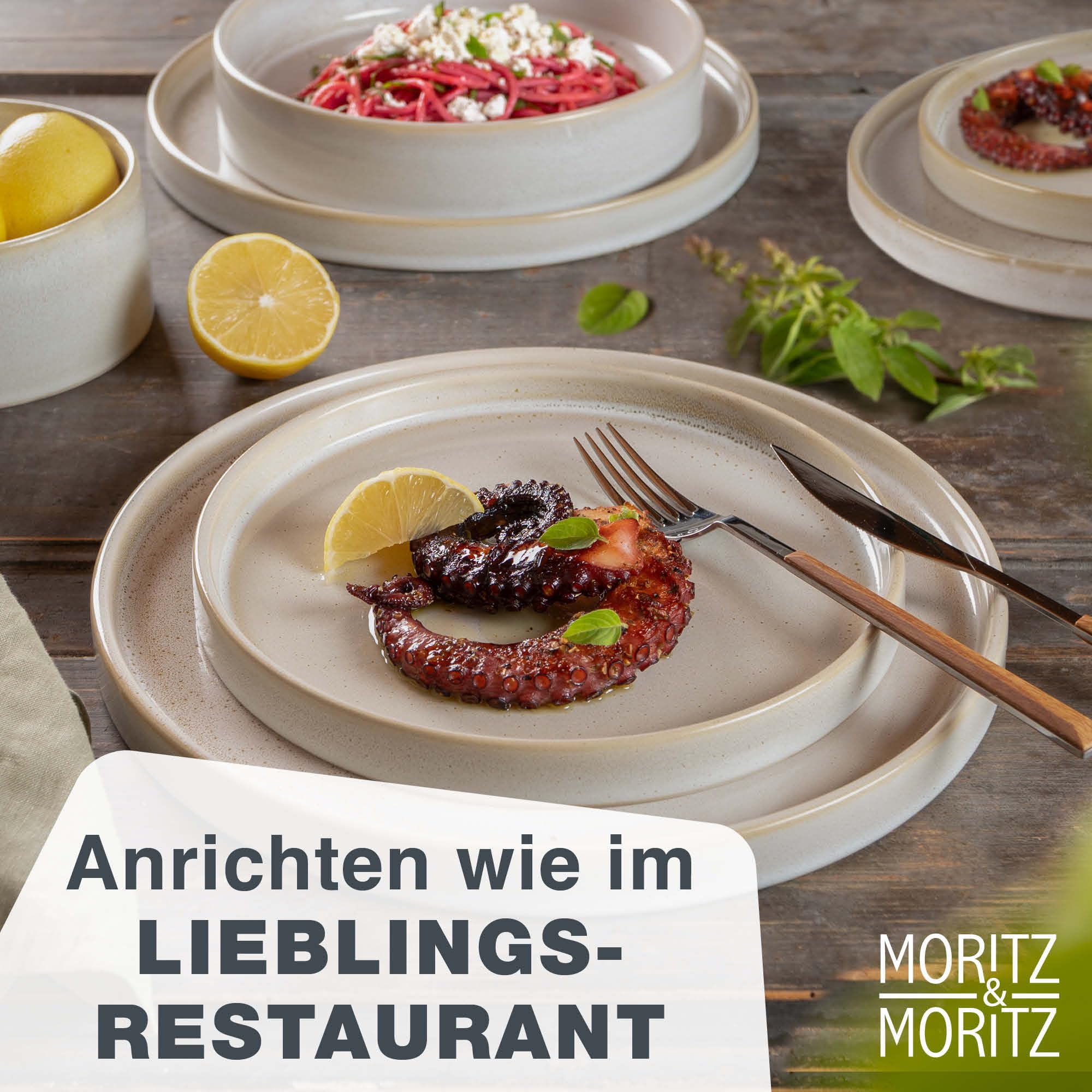 Moritz & Moritz CASTELLO 40-teiliges Geschirrset 8 Personen Beige - Teller Set aus Steinzeug - Geschirr Set Beige aus je 8 Dinnerteller, Dessertteller, Suppenteller, Schüsseln und Tassen