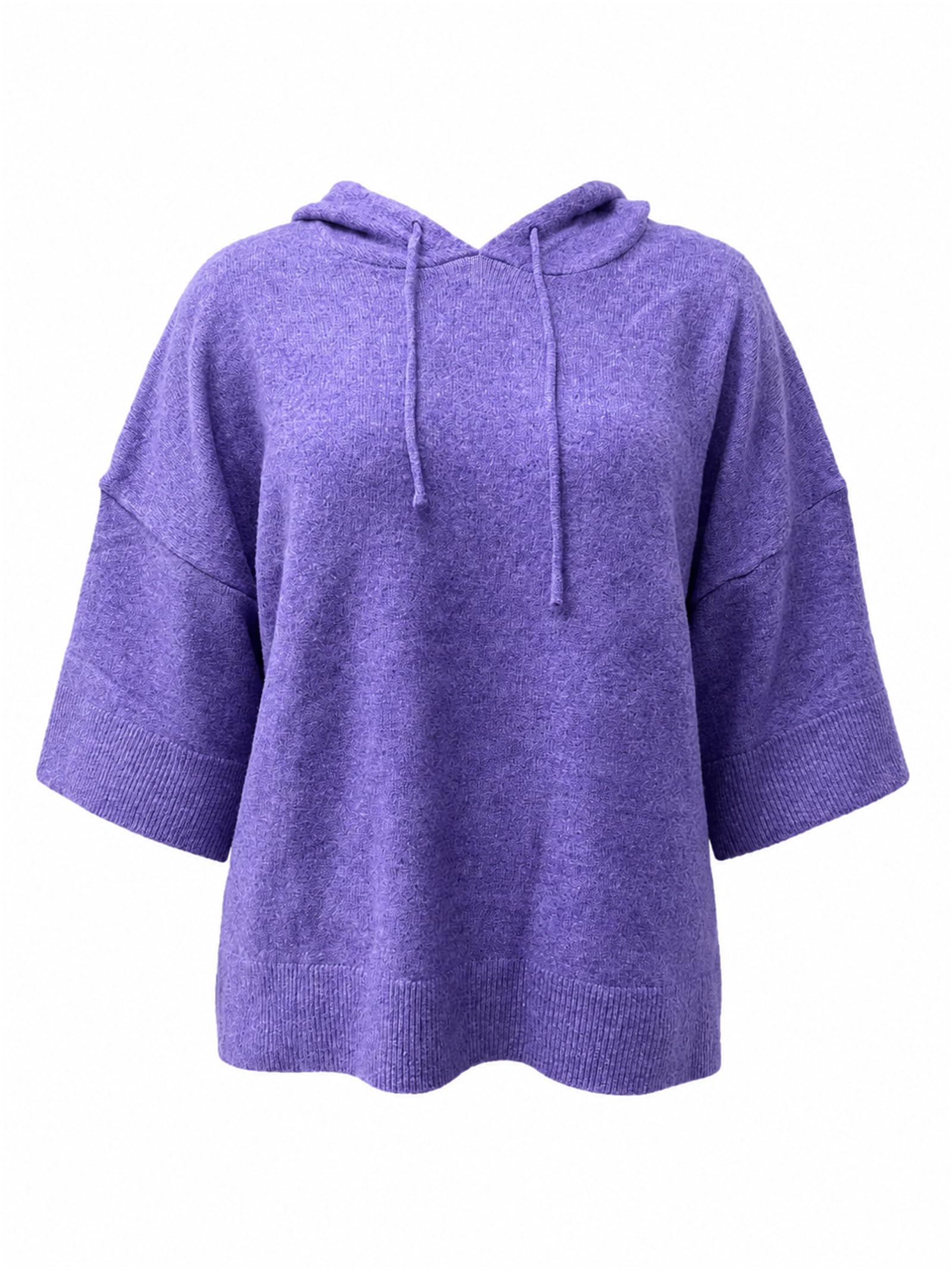 Pull à Capuche en Maille pour Femme, Manches 3/4 et Cordon de Serrage