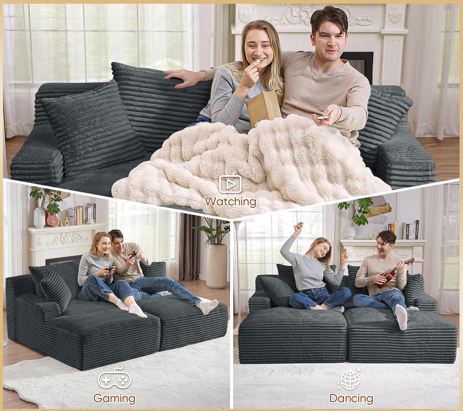 Oversized Chaise Lounge Chair Indoor, Modern 78-inch Upholstered Corduroy Love Seat Sofa Bed with 4 Throw Pillows and Armrests, Double Modular Sleeper Sofa Couch for Living Room Bedroom, Dark Grey