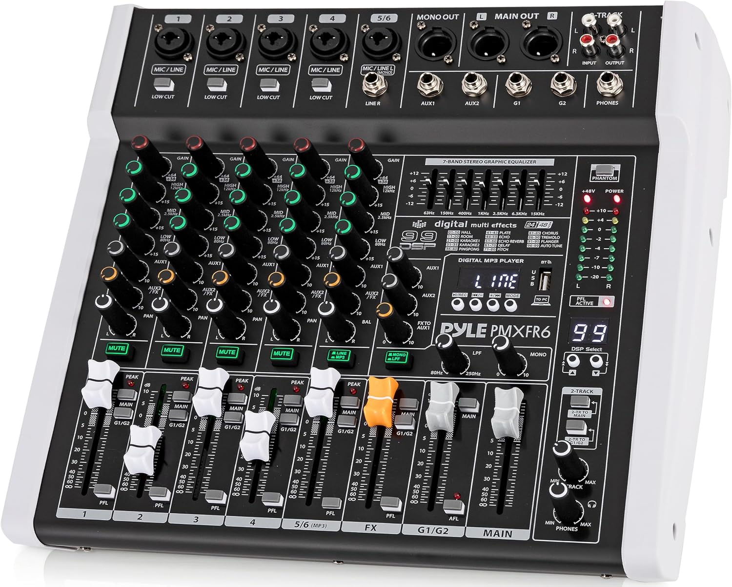 Pyle 6 Channel Professional DJ Mixer Controller - 7-Band Graphic EQ, 99 DSP Effects, Bluetooth, USB Recording, +48V Phantom Power, XLR Inputs, Low Cut Filters, Faders - PMXFR6