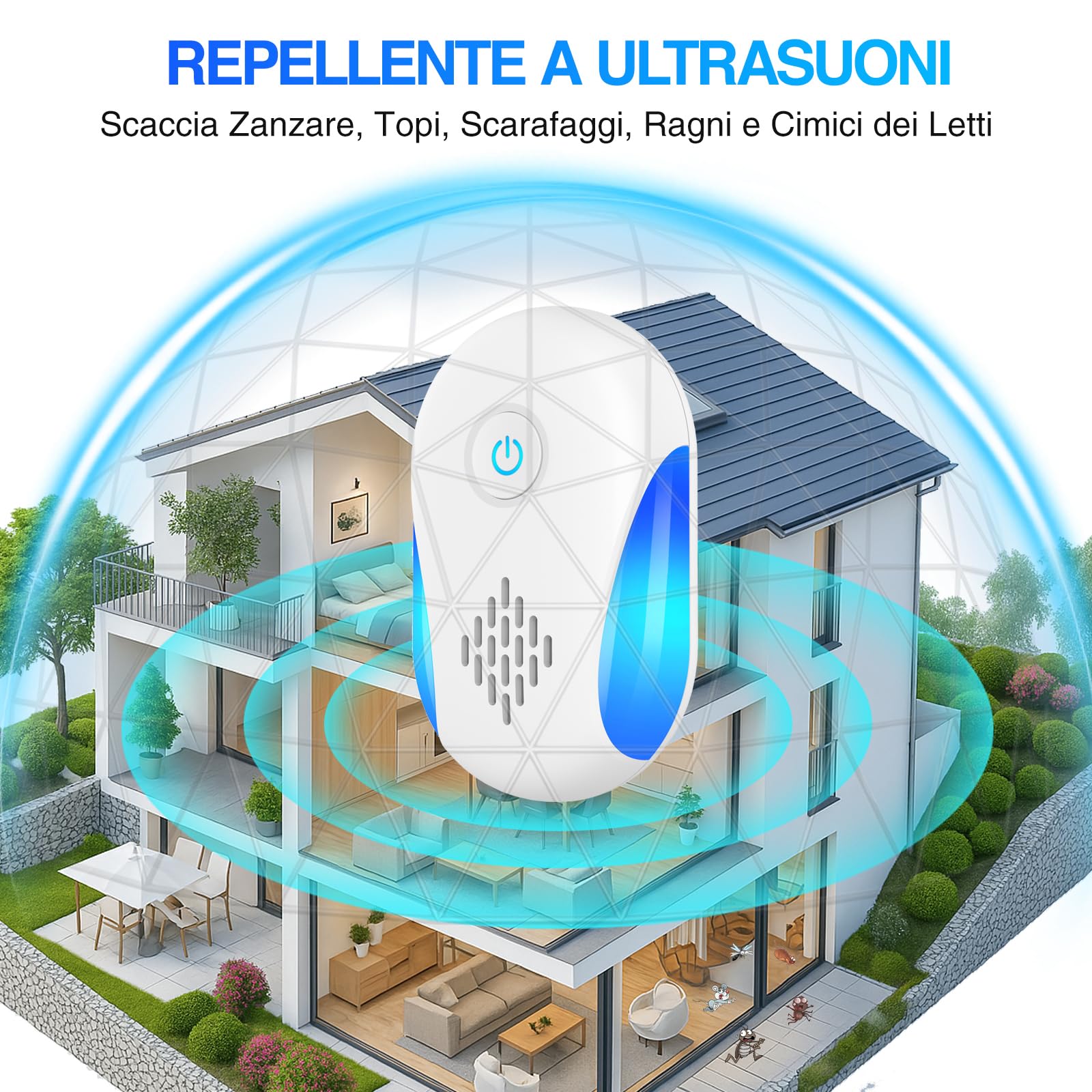 Ultrasuoni per Topi da Interno 4 Pezzi - Dissuasore Ratti, Insetti, Zanzare, Scarafaggi, Formiche e Ragni - Tecnologia Ultrasuoni Silenziosa, Sicura e Non Tossica - Copertura Fino a 200 m²