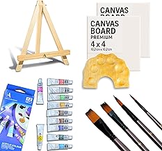 ArtRight Professional Painting Kit 20pcs, Paintbrush 4, Colours 12, Mini Palette 1, Canvas Board 2, Pine Wooden Mini Easel 1, Canvas Board 4x4 inch, Ideal for Begginners, Kids & Adults