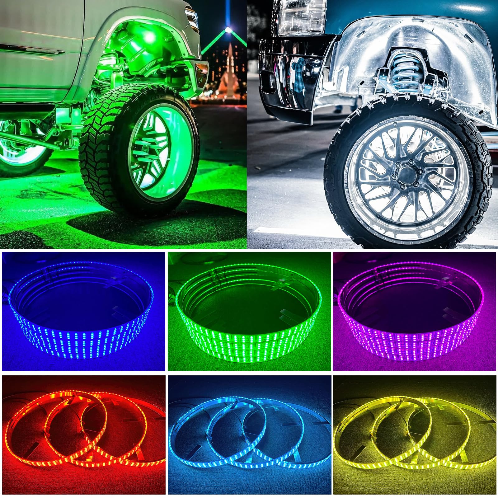 DREAMOTOR 4PCS 15.5" 3 Row RGB LED Wheel Ring Kit with APP &amp; Remote Control