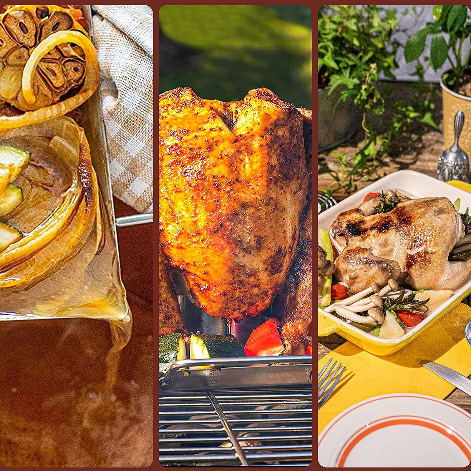 AMOZO Hähnchenbräter - Edelstahl Hähnchenhalter - Bierdose für Hähnchengrill - Grillzubehör für Barbecue, für Grill im Freien, Ofen - BBQ Accessoire mit 4 Gemüsespießen (KJJ-0001)