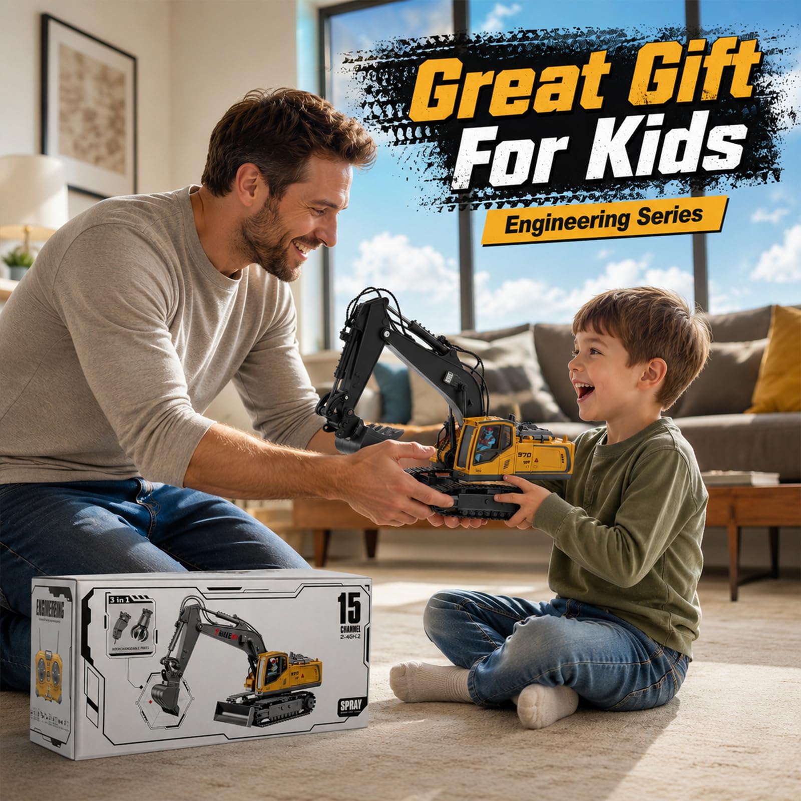 3 In 1 Ferngesteuerter Bagger Mit Metall-Aufsätzen,Für Kinder Ab 6 Ahren | 2,4Ghz Ferngesteuerter,2 X Batterien,680° Drehbarer,Licht Und Sound,Rc Bagger Spielzeug Für Sandkasten & Outdoor