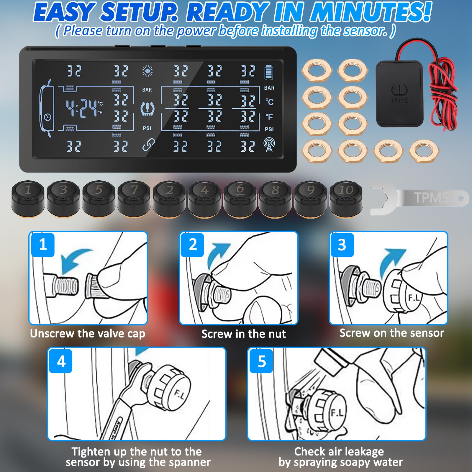KAOLALI Système de contrôle de la Pression des pneus pour remorques, avec 10 capteurs, 6 Modes d'alarme, écran Couleur 7 Pouces, avec amplificateur de Signal TPMS pour remorques, camions (0-188PSI)