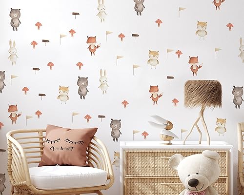 Woodland Animal Wall Decals - Fabric Wall Decal - Watercolor Forest Themed Wall Stickers for Kids Room, Nordic Nursery Decor - Peel & Stick,