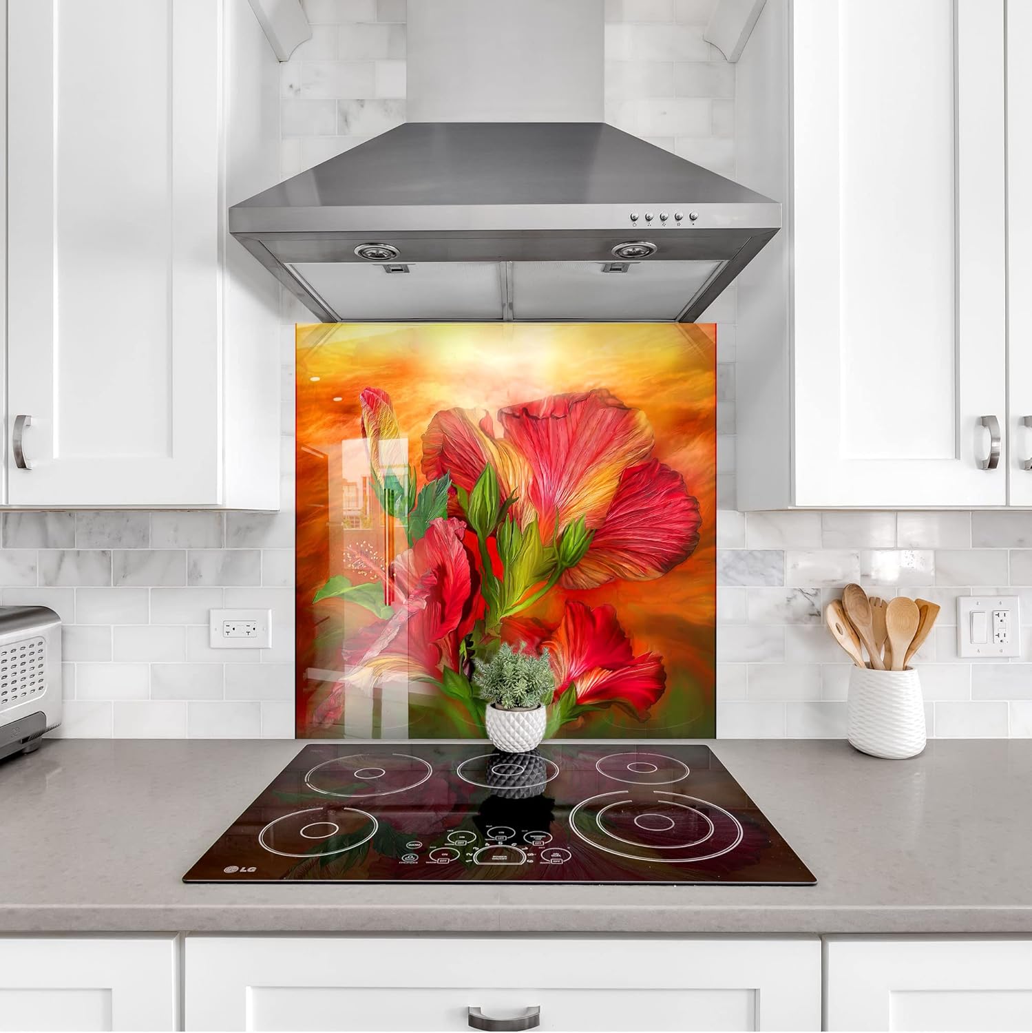 Myphotostation Tempered Glass Splashback 20Wx14H'-Red Flower Backsplash Design Cooker Hibiscus rosa sinensis Backsplash Panel Glass Splashback for Kitchen Panel Design Flower Splashback for Stove