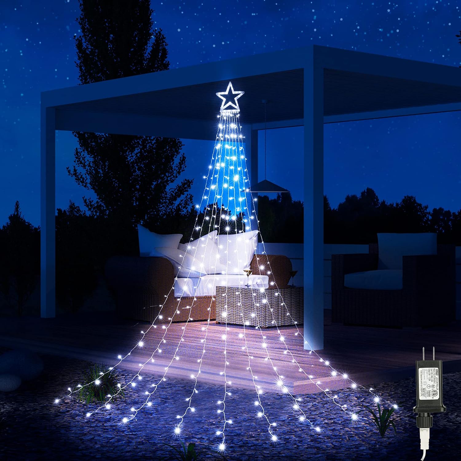 LYHOPE Christmas Lights, 317 LED 8 Modes 10ft X 9 Strands Christmas String Lights, with 12" Topper Star Christmas Tree Decoration Lights for Xmas, Birthday, Holiday, Wedding, Party Decor(White)