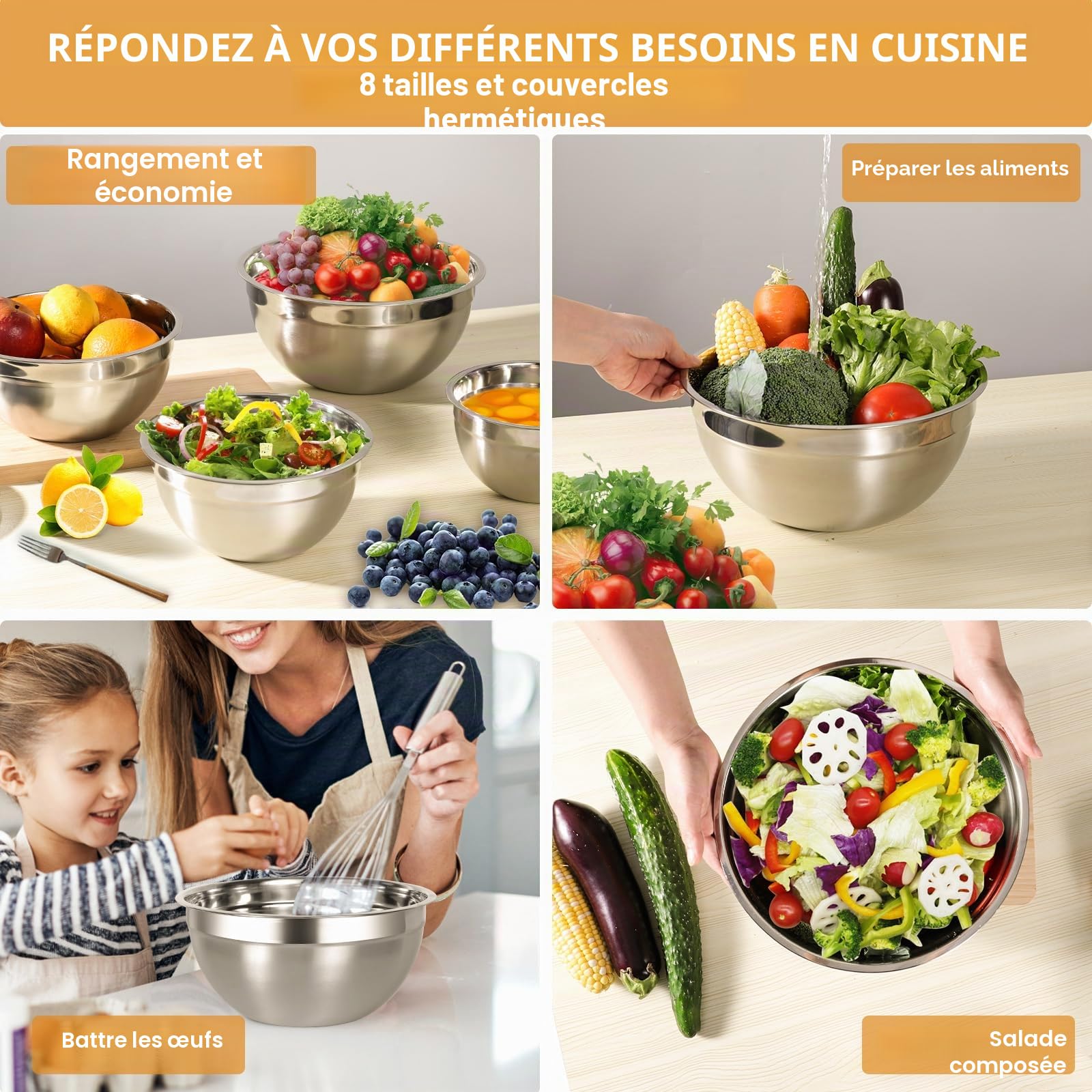 Cinnani 8 Lot de Bol Inox avec Couvercle, Bols mélangeurs, Saladier, Bols de Service, Bol cuisine multifonctionnel