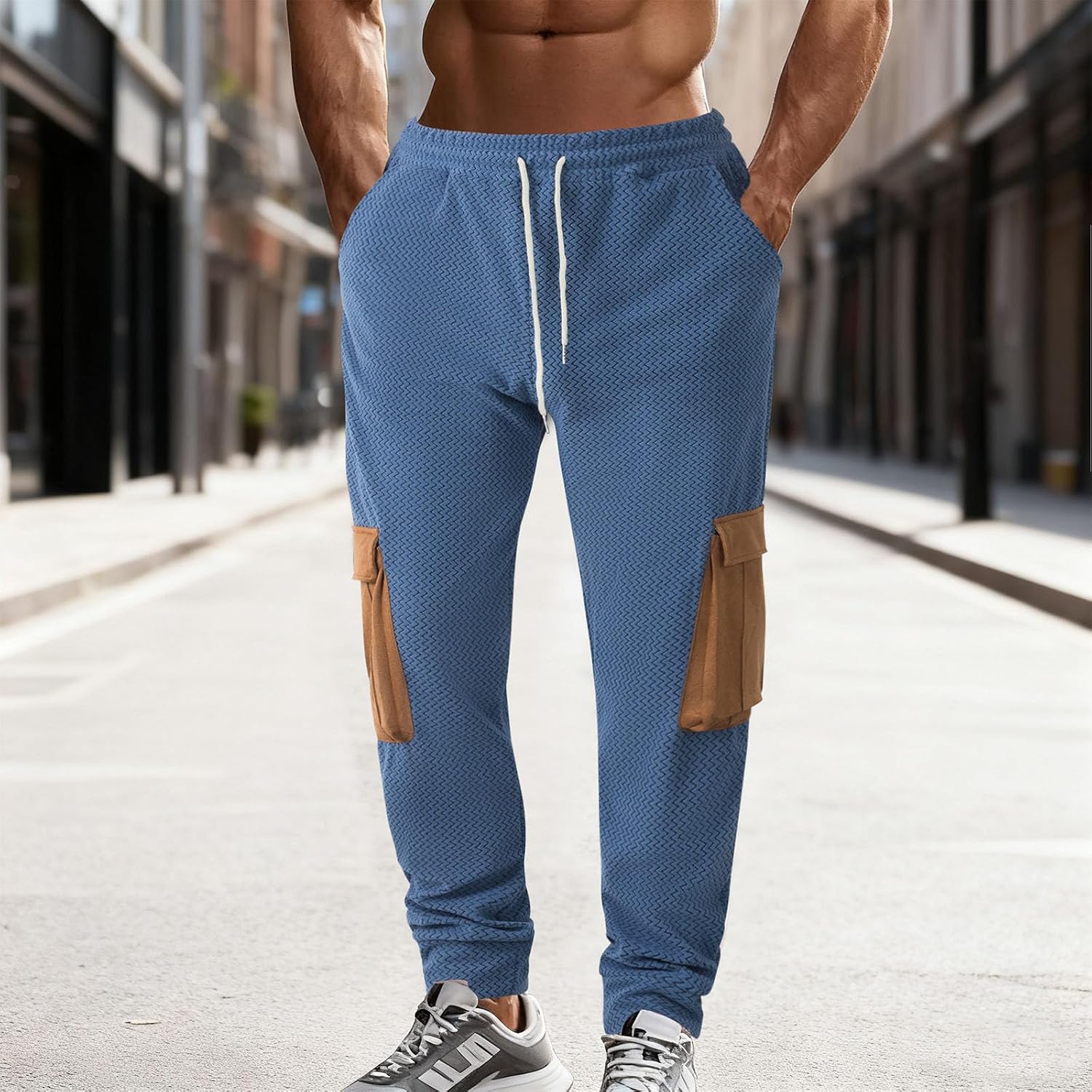 Mens Cargo Pants Drawstring Stretch Sweatpant Textured Breathable Workout Joggers Trousers with Pockets