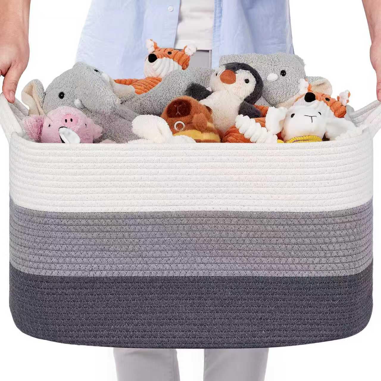 72L Large Storage Basket, Collapsible Woven Cotton Rope Laundry Basket for Toys, Clothes, Towels & Blankets, Laundry Hamper for Bathroom, Bedroom & Living Room, 55 x 38 x 30 cm, Gradient Gray