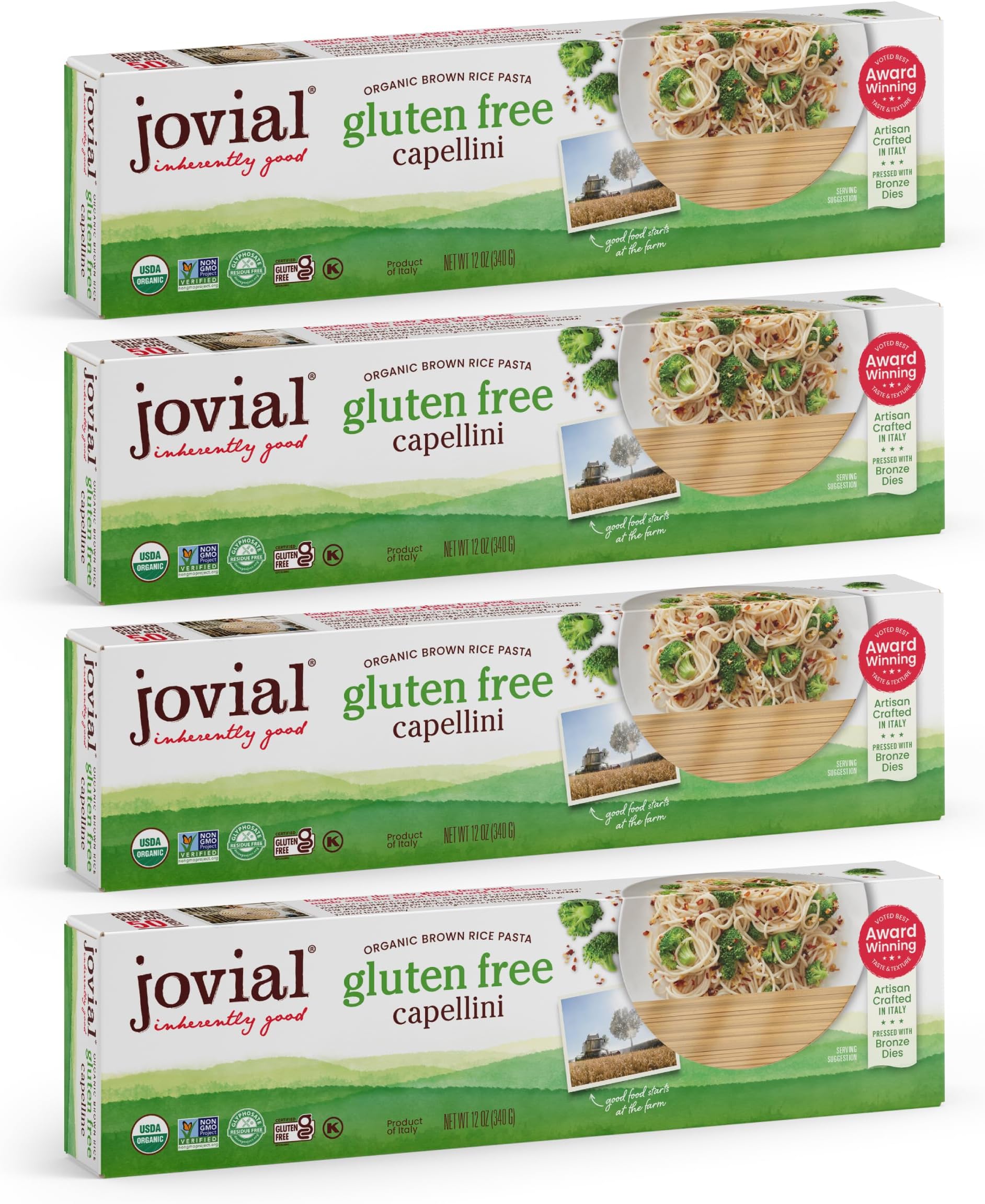 Jovial Whole Grain Brown Rice Capellini Pasta - Whole Grain Pasta, Organic, Gluten Free, Dairy Free, Brown Rice Pasta, Made in Italy - 12 Oz, 4 Pack
