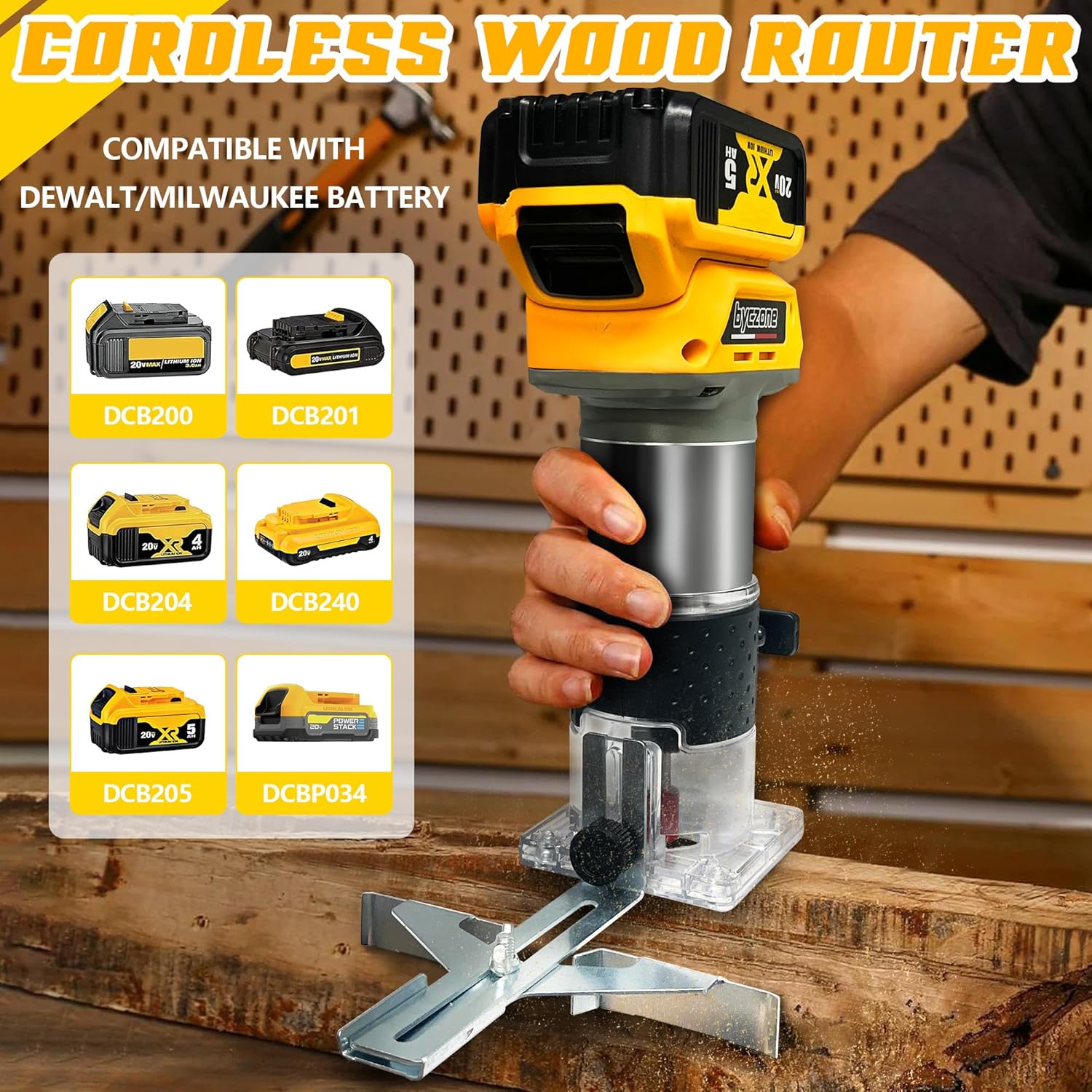 800W Cordless Wood Router Compatible With Dewalt 20V Battery,byczone 30000RPM Brushless Motor Router Attach 15PCS 1/4" Router Bits,6 Speeds Hand Trim Router,Edge Guide,Roller Guide,(NO Battery)