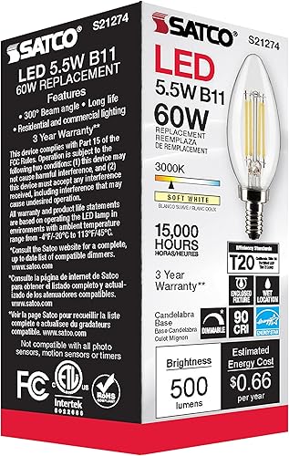 Miniatura 7 de Satco Bombillas LED E12 de 55 vatios 3000 K clasificación de 15000 horas regulable paquete de 6