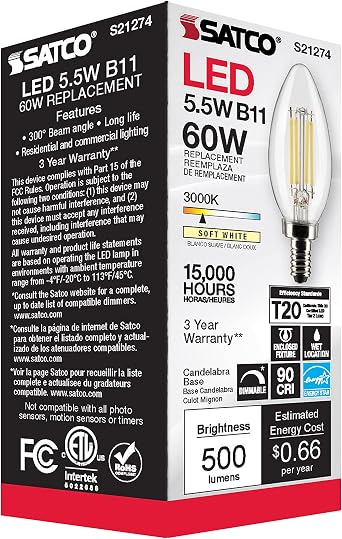 Satco S21274 5.5W LED B11 Clear Candelabra Bulb, 3000K Warm White, 6 Pack