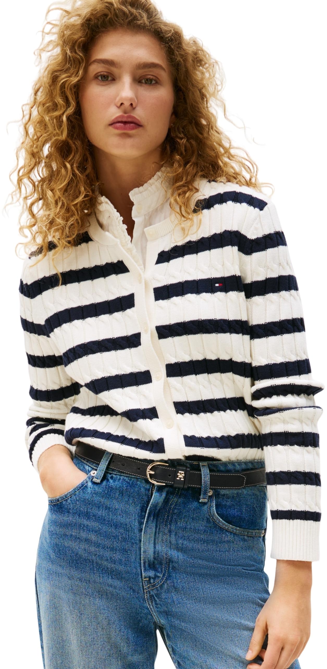 Tommy Hilfiger Women’s Slim Fit Cable Knit Cardigan, Multicolor (Ivory Silk/Dark Night Navy STP), XS