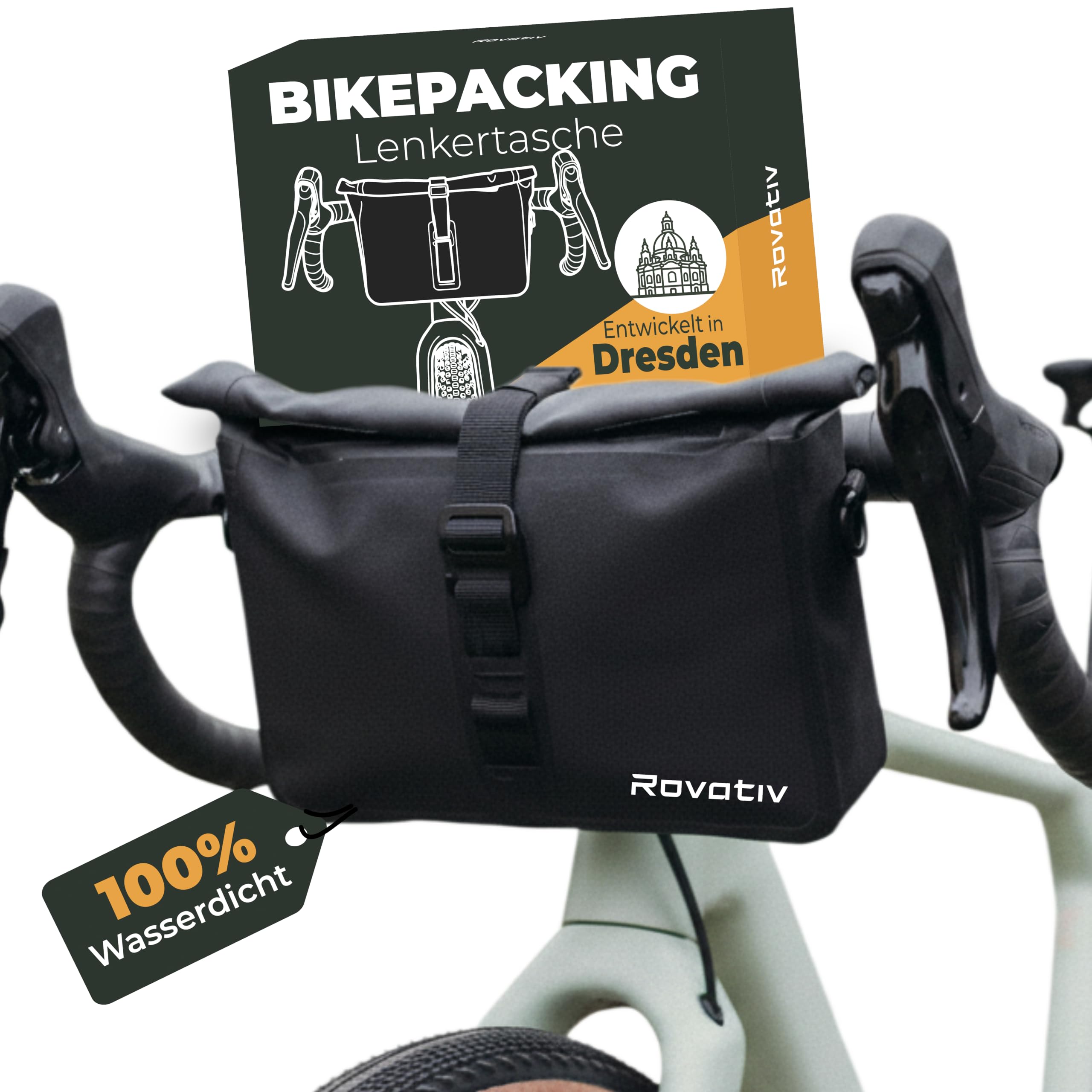 Rovativ® - Bikepacking Lenkertasche [3,0L] 100% Wasserdicht, für Gravelbike | Handlebar Bag | mit Schultergurt | Gravelbike, Rennrad, MTB | Robustes TPU-Gewebe