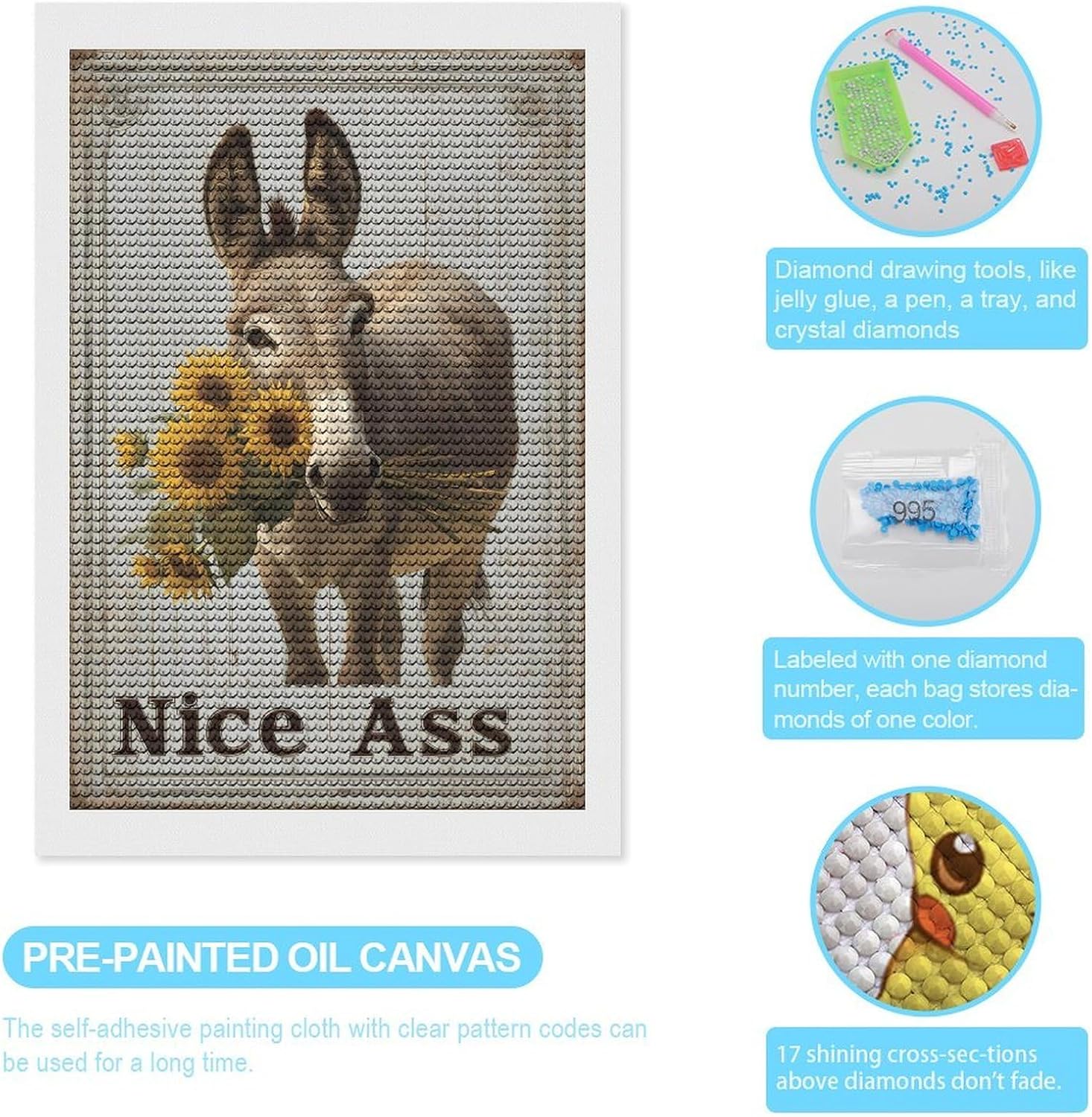 Funny Donkey Sunflower Nice Ass Novelty Diamond Art Kits DIY Painting Diamonds Picture Wall Decoration Decor image 3