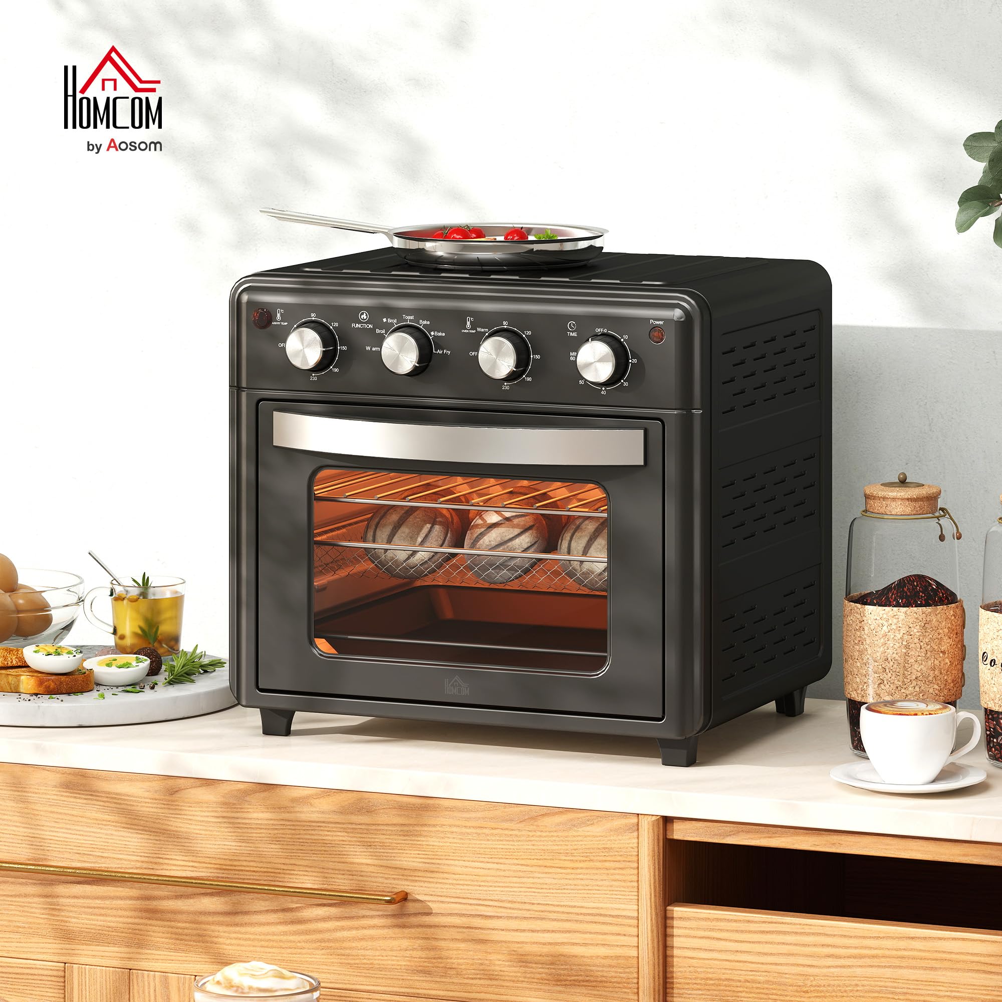 HOMCOM Horno Eléctrico Multifunción de Sobremesa Mini Horno Tostador de 30L 1600W Freidora de Aire con 7 Modos de Calor Temporizador y Temperatura Regulable 43x39x39 cm Negro